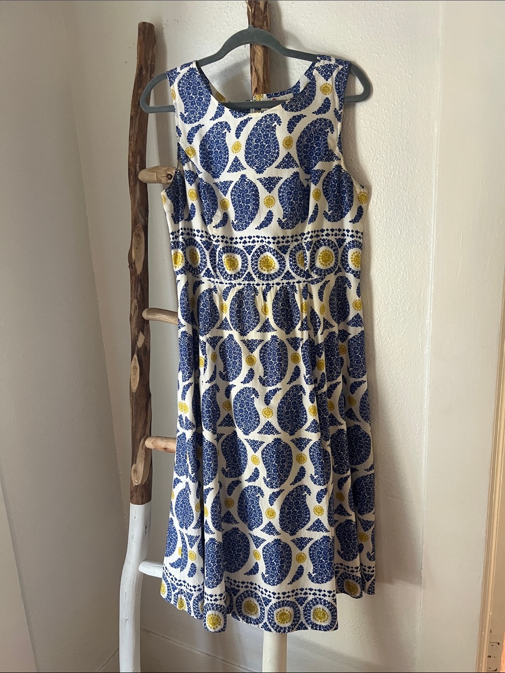 Boden Sleeveless White Cotton Midi Dress with Blue Yellow Paisley Print A-Line